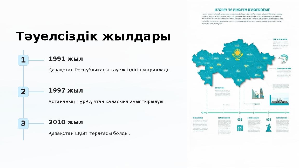 Тәуелсіздік жылдары 1 1991 жыл Қазақстан Республикасы тәуелсіздігін жариялады. 2 1997 жыл Астананың Нұр-Сұлтан қаласына ауыстыр