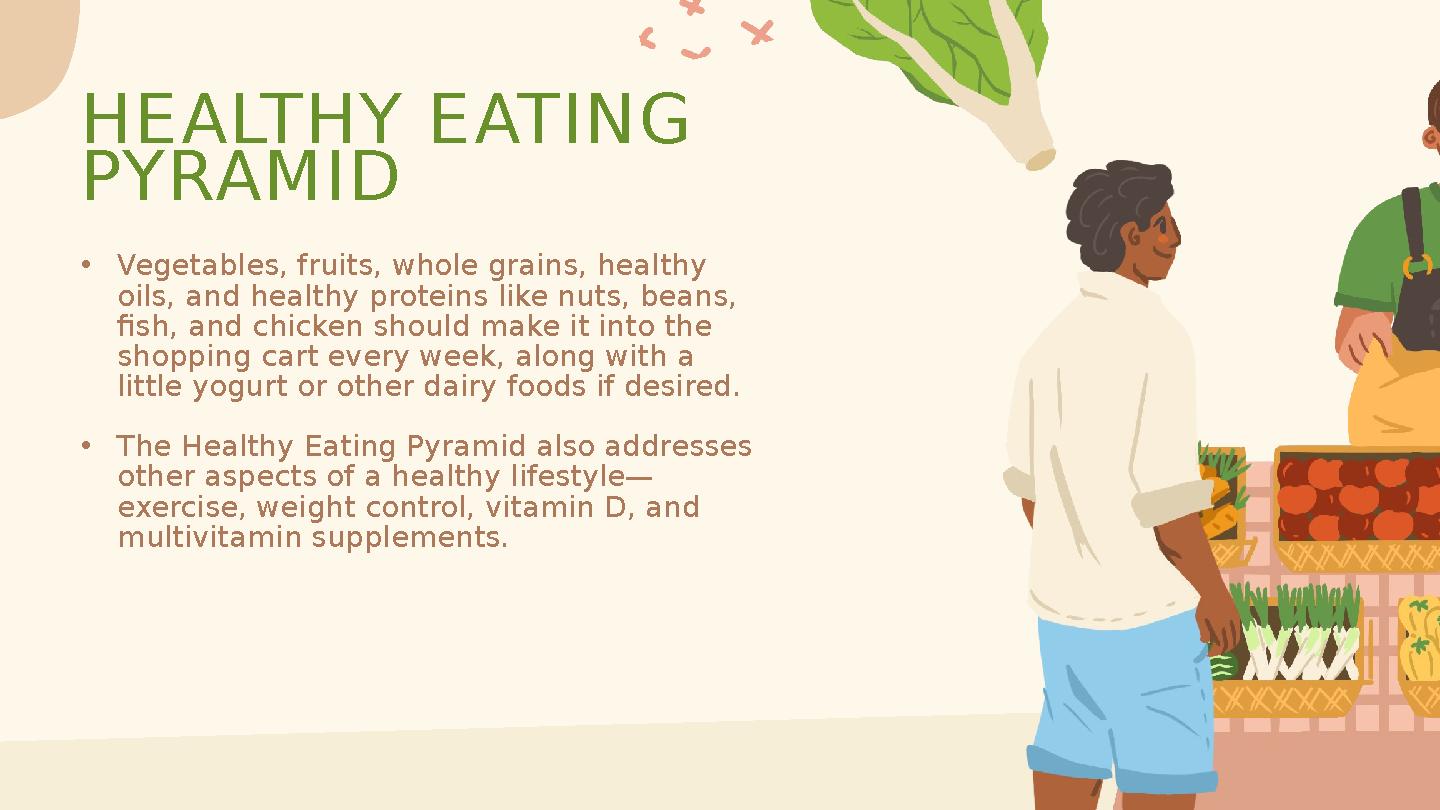 Minimally processed foods Processed foods HEALTHY EATING PYRAMID •Vegetables, fruits, whole grains, healthy oils, and health