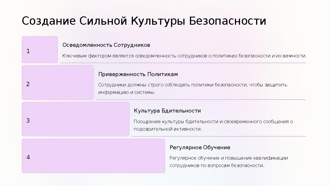 Создание Сильной Культуры Безопасности 1 Осведомленность Сотрудников Ключевым фактором является осведомленность сотрудников о п