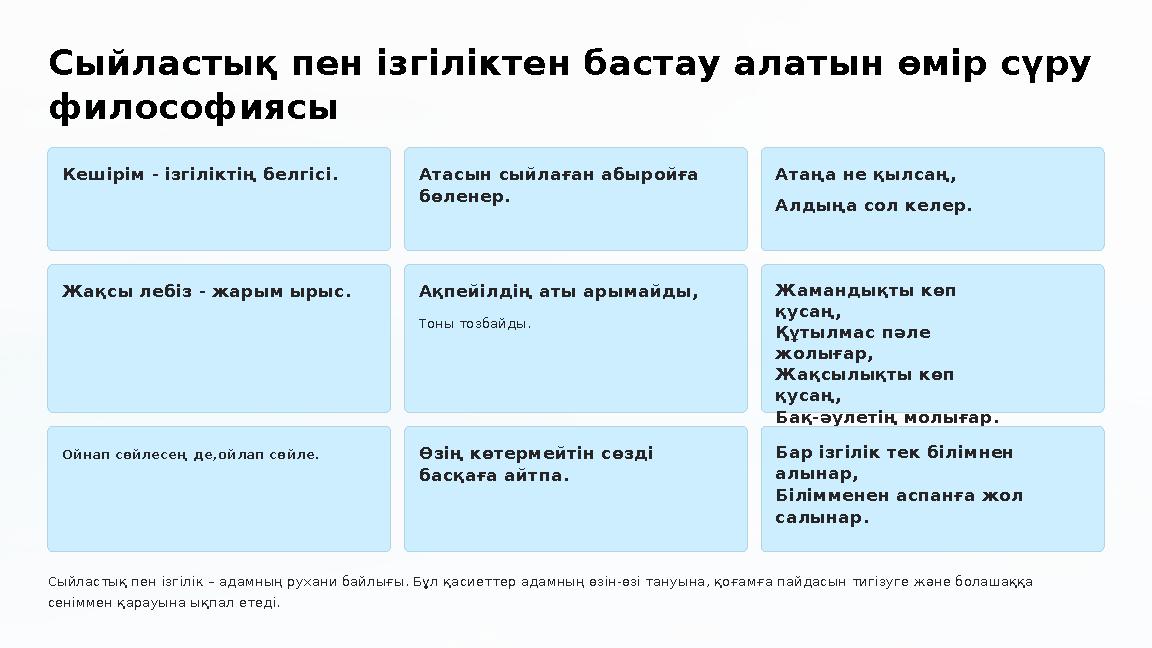 Сыйластық пен ізгіліктен бастау алатын өмір сүру философиясы Кешірім - ізгіліктің белгісі. Атасын сыйлаған абыройға бөленер.