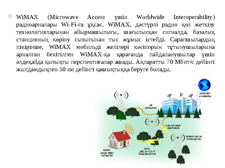  WiMAX (Microwave Access үшін Worldwide Interoperability) радиоарналары Wi-Fi-ға ұқсас. WiMAX, дәстүрлі радио қол жеткізу тех