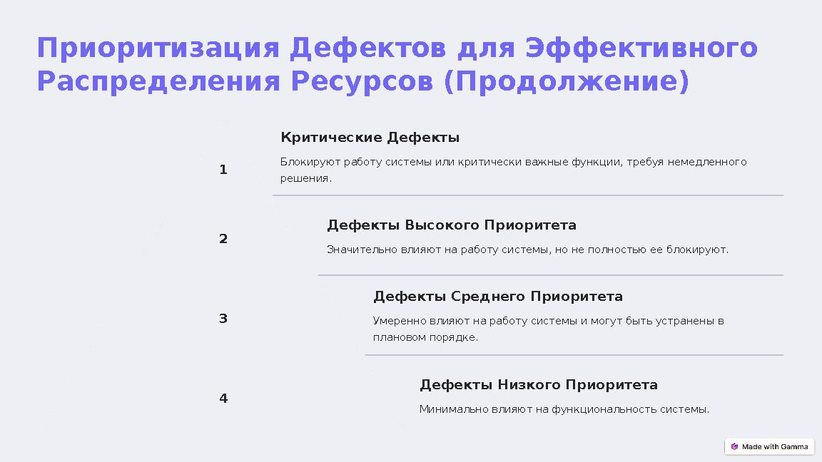 Приоритизация Дефектов для Эффективного Распределения Ресурсов (Продолжение) 1 Критические Дефекты Блокируют работу системы или