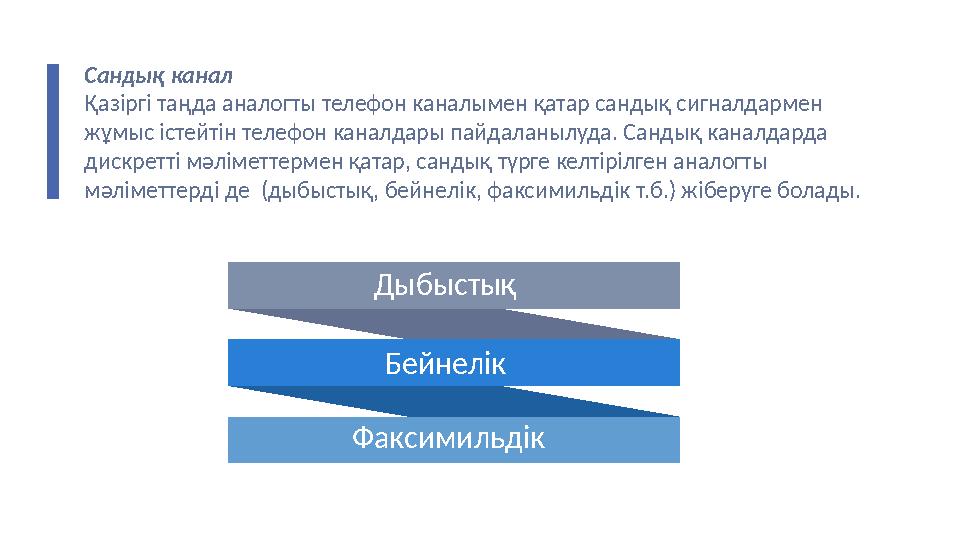 Сандық канал Қазіргі таңда аналогты телефон каналымен қатар сандық сигналдармен жұмыс істейтін телефон каналдары пайдаланылуда.