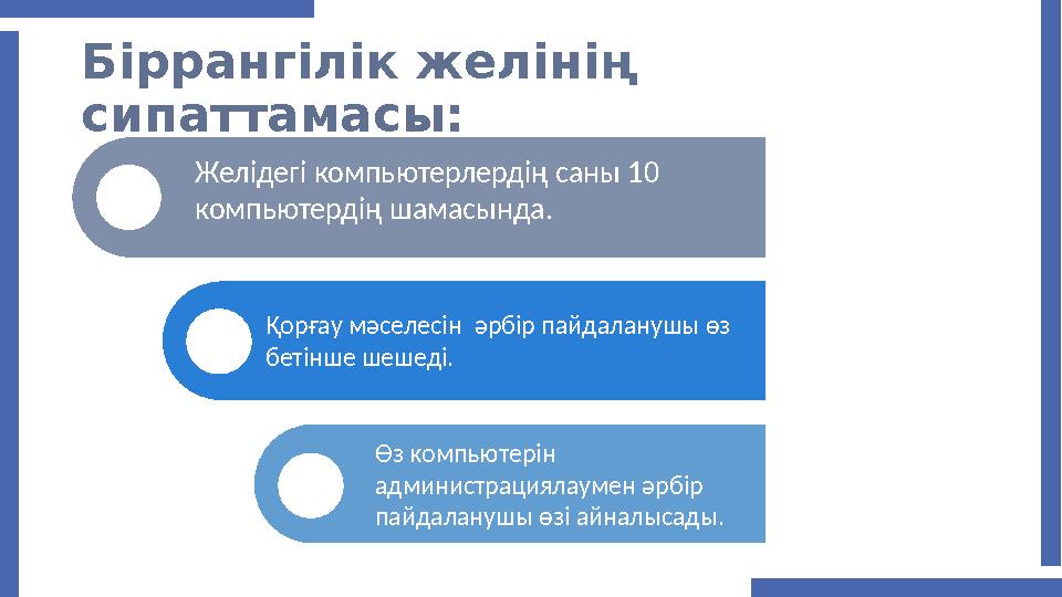 Біррангілік желінің сипаттамасы: Желідегі компьютерлердің саны 10 компьютердің шамасында. Қорғау мәселесін әрбір пайдаланушы