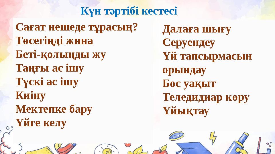 Күн тәртібі кестесі Сағат нешеде тұрасың? Төсегіңді жина Беті-қолыңды жу Таңғы ас ішу Түскі ас ішу Киіну Мектепке бару Үйге кел