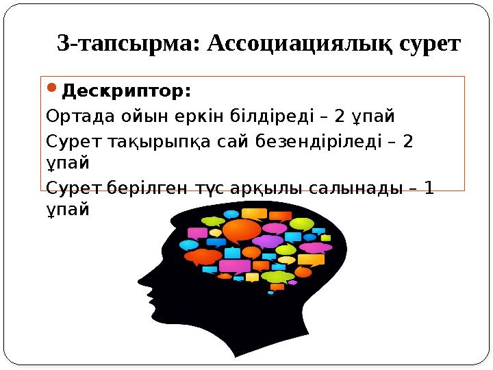 3-тапсырма: Ассоциациялық сурет Дескриптор: Ортада ойын еркін білдіреді – 2 ұпай Сурет тақырыпқа сай безендіріледі – 2 ұпай