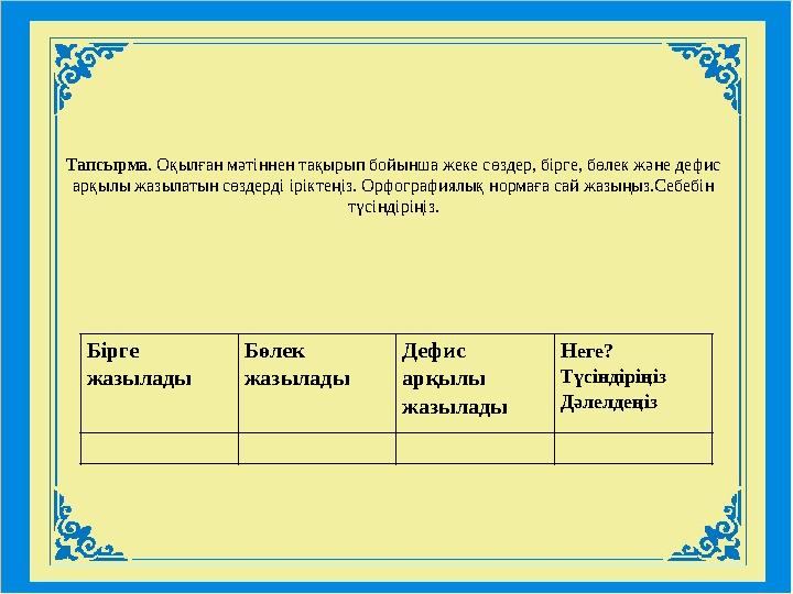 Тапсырма. Оқылған мәтіннен тақырып бойынша жеке сөздер, бірге, бөлек және дефис арқылы жазылатын сөздерді іріктеңіз. Орфография