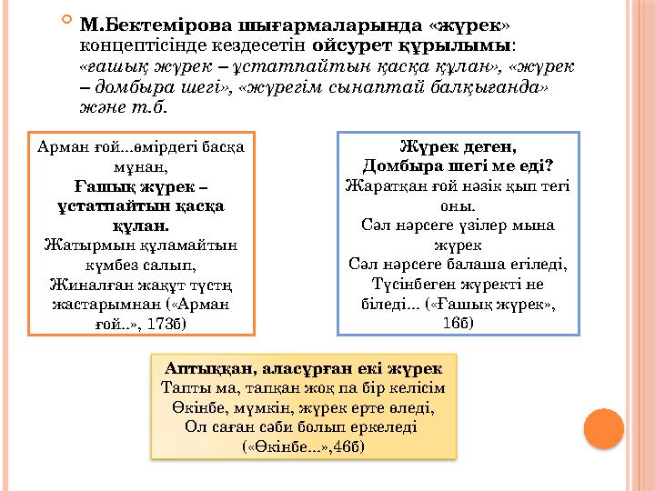  М.Бектемірова шығармаларында «жүрек» концептісінде кездесетін ойсурет құрылымы : «ғашық жүрек – ұстатпайтын қасқа құлан»