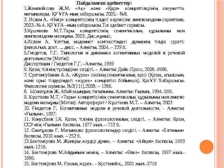 Пайдаланған әдебиеттер: 1.Жампейісова Ж.М. «Ақ» және «Қара» концептілерінің әлеуметтік мағыналары. ҚР ҰҒА-ның хабаршысы, 2