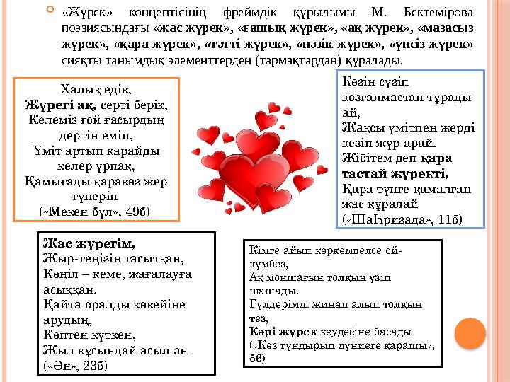 «Жүрек» концептісінің фреймдік құрылымы М. Бектемірова поэзиясындағы «жас жүрек», «ғашық жүрек», «ақ жүрек», «мазасыз жүр