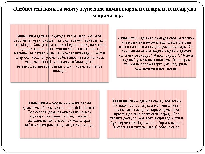 Әдебиеттегі дамыта оқыту жүйесінде оқушылардың ойларын жетілдірудің маңызы зор: Біріншіден дамыта оқытуда білім даяр күйі