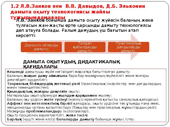 1.2 Л.В.Занков пен В.В. Давыдов, Д.Б. Эльконин дамыта оқыту технологиясы жайлы тұжырымдамалары Дерексіз ойлауды дамыту; Тал