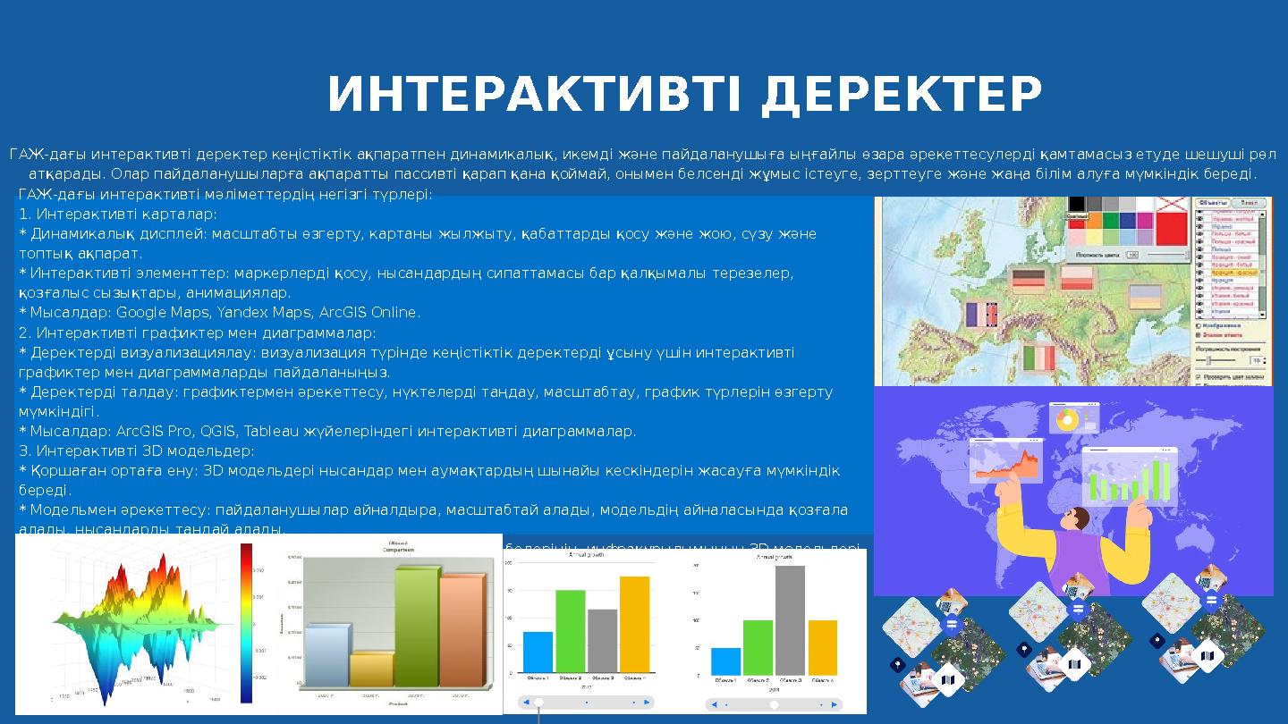 ГАЖ-дағы интерактивті мәліметтердің негізгі түрлері: 1. Интерактивті карталар: * Динамикалық дисплей: масштабты өзгерту, картаны