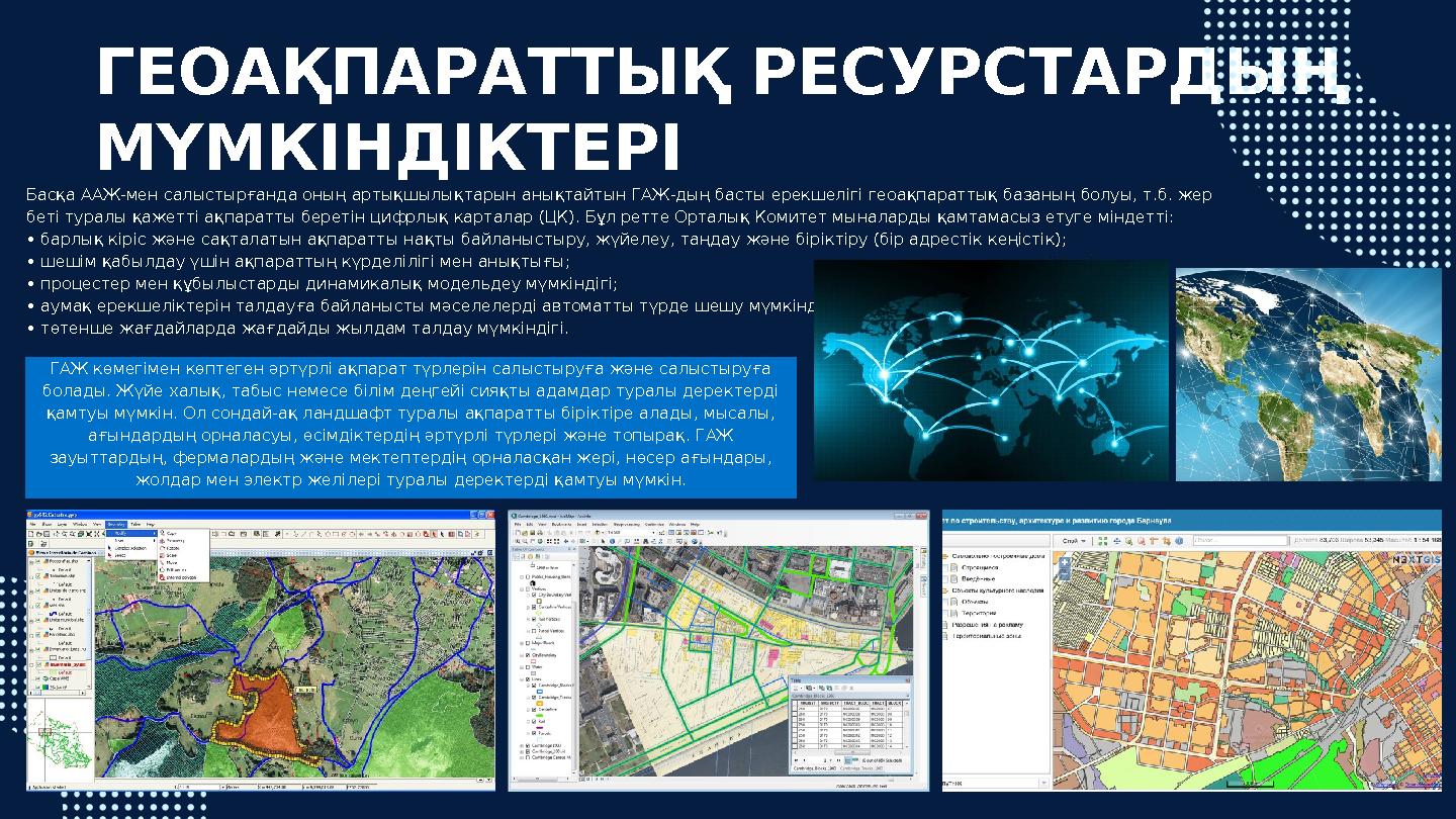 ГЕОАҚПАРАТТЫҚ РЕСУРСТАРДЫҢ МҮМКІНДІКТЕРІ Басқа ААЖ-мен салыстырғанда оның артықшылықтарын анықтайтын ГАЖ-дың басты ерекшелігі г