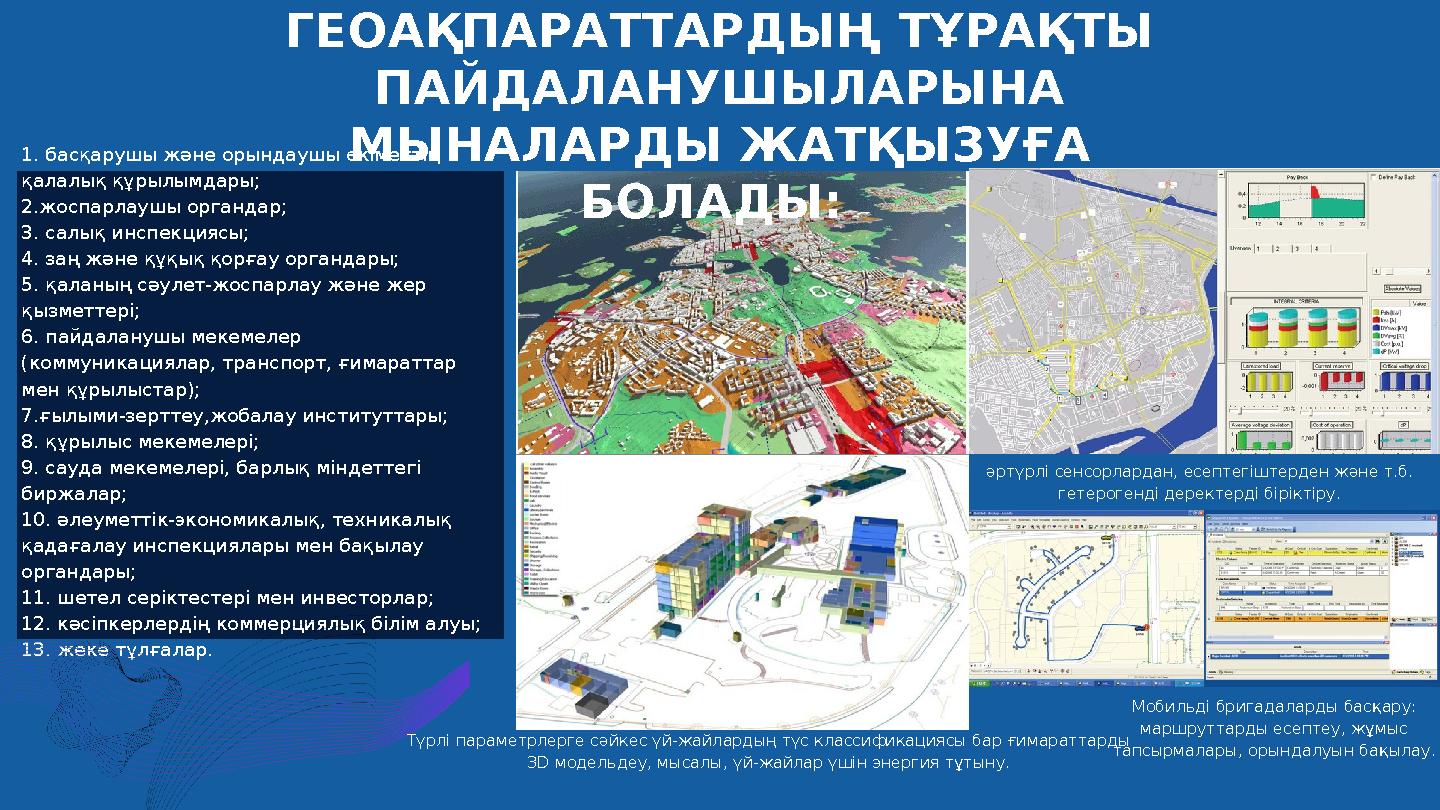 1. басқарушы және орындаушы өкіметтің қалалық құрылымдары; 2.жоспарлаушы органдар; 3. салық инспекциясы; 4. заң және құқық қо