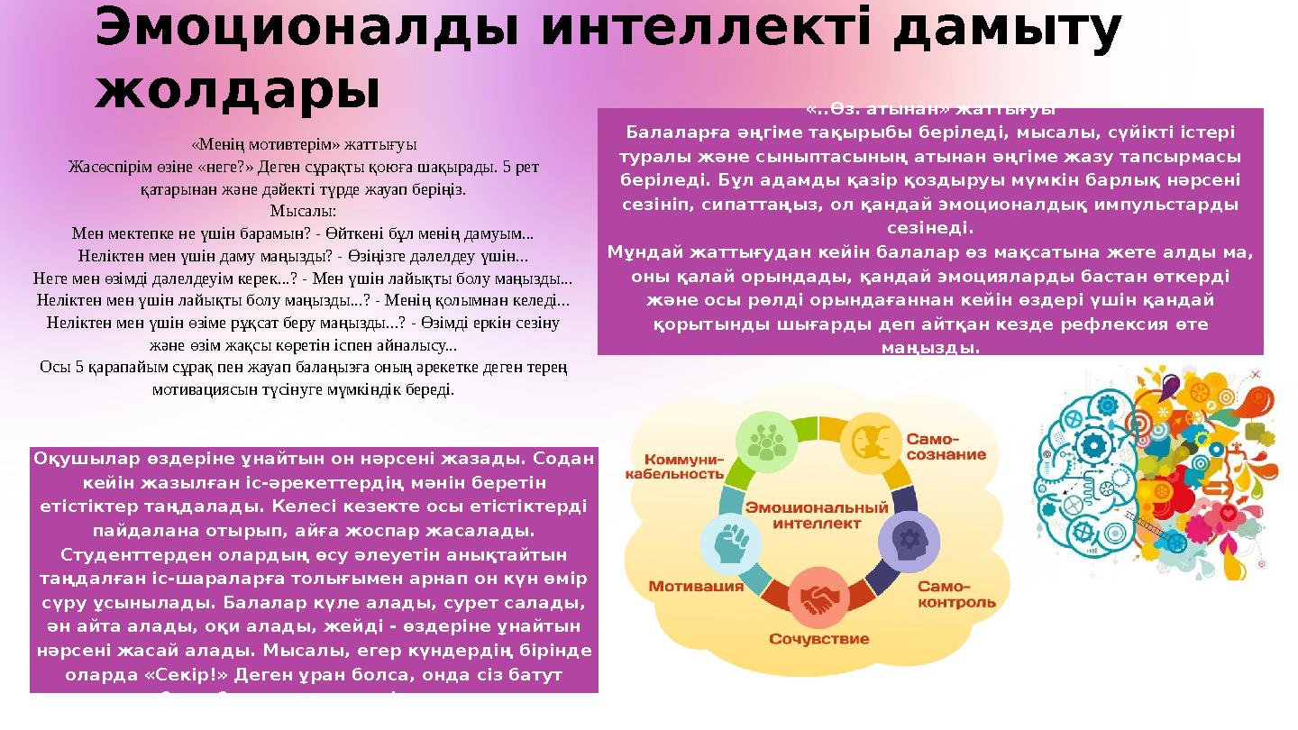 «10 нәрсе» жаттығуы Оқушылар өздеріне ұнайтын он нәрсені жазады. Содан кейін жазылған іс-әрекеттердің мәнін беретін етістіктер