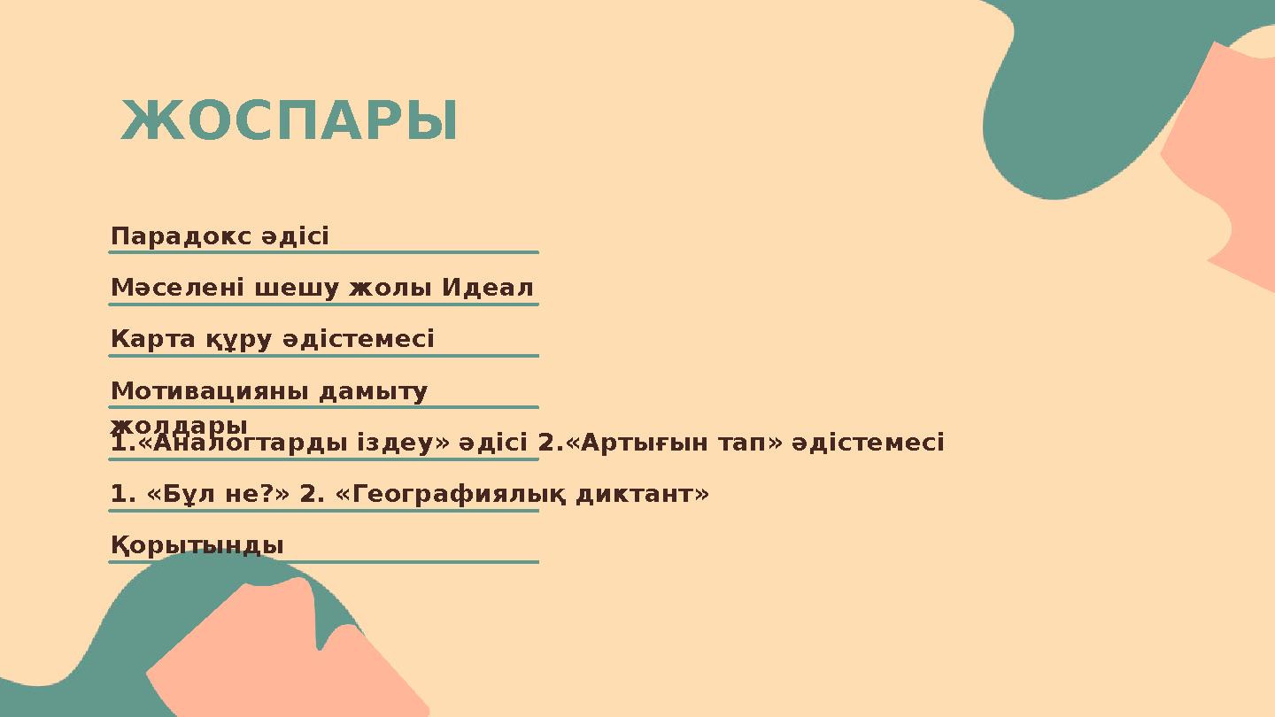 ЖОСПАРЫ Парадокс әдісі Мәселені шешу жолы Идеал Карта құру әдістемесі Мотивацияны дамыту жолдары 1.«Аналогтарды іздеу» әдісі 2.