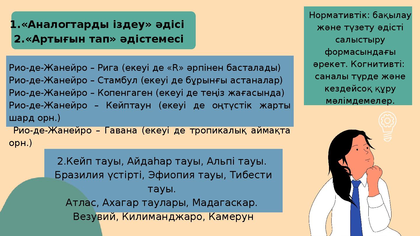 1.«Аналогтарды іздеу» әдісі 2.«Артығын тап» әдістемесі Рио-де-Жанейро – Рига (екеуі де «R» әрпінен басталады) Рио-де-Жанейро –