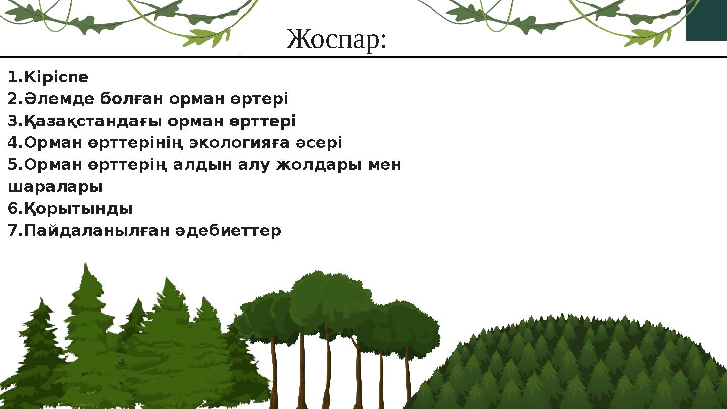 Жоспар: Percentage 1.Кіріспе 2.Әлемде болған орман өртері 3.Қазақстандағы орман өрттері 4.Орман өрттерінің экологияға әсері 5.Ор