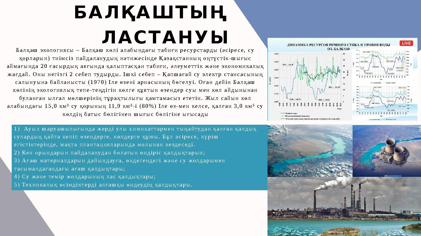 Балқаш экологиясы – Балқаш көлі алабындағы табиғи ресурстарды (әсіресе, су қорларын) тиімсіз пайдаланудың нәтижесінде Қазақстан