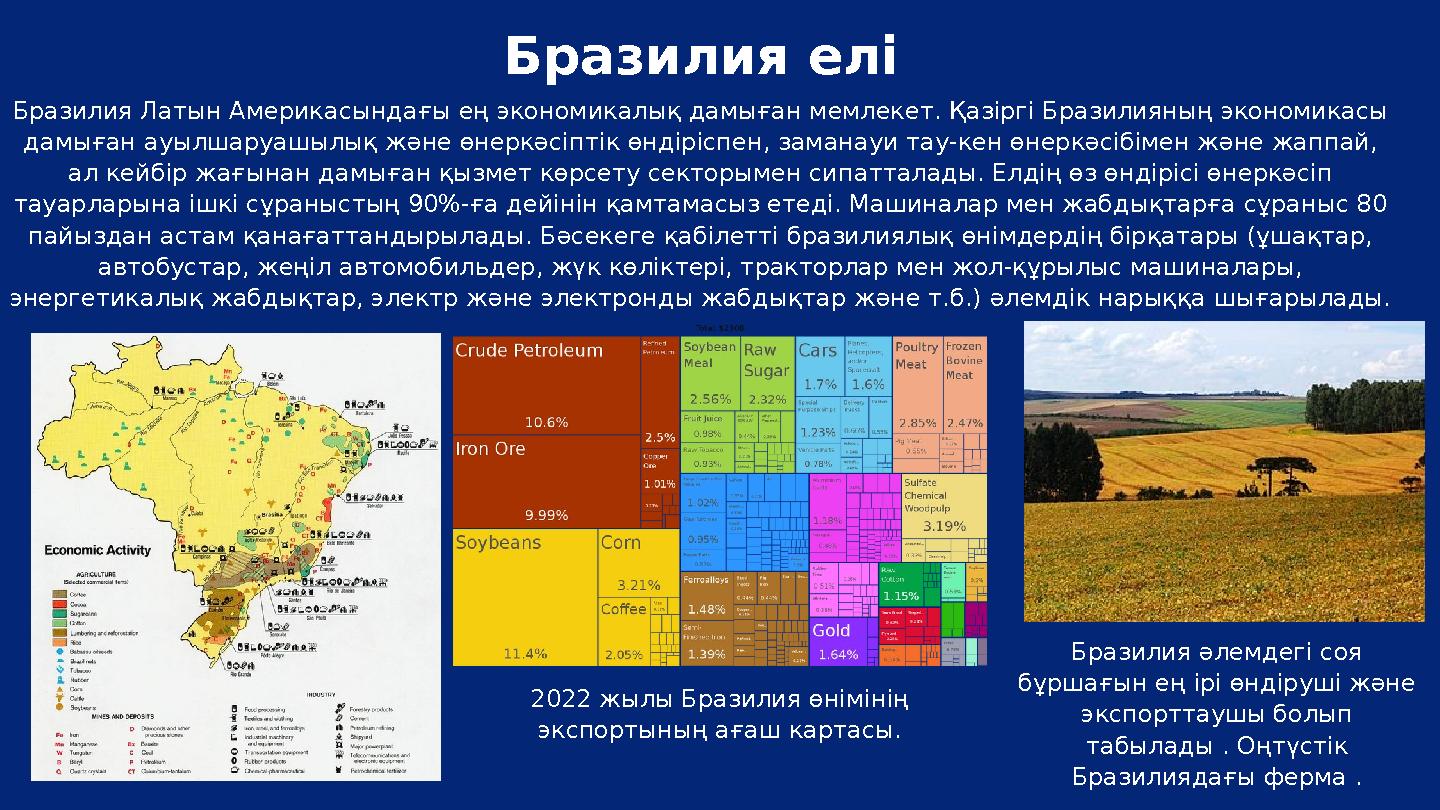 Бразилия елі Бразилия Латын Америкасындағы ең экономикалық дамыған мемлекет. Қазіргі Бразилияның экономикасы дамыған ауылшаруаш