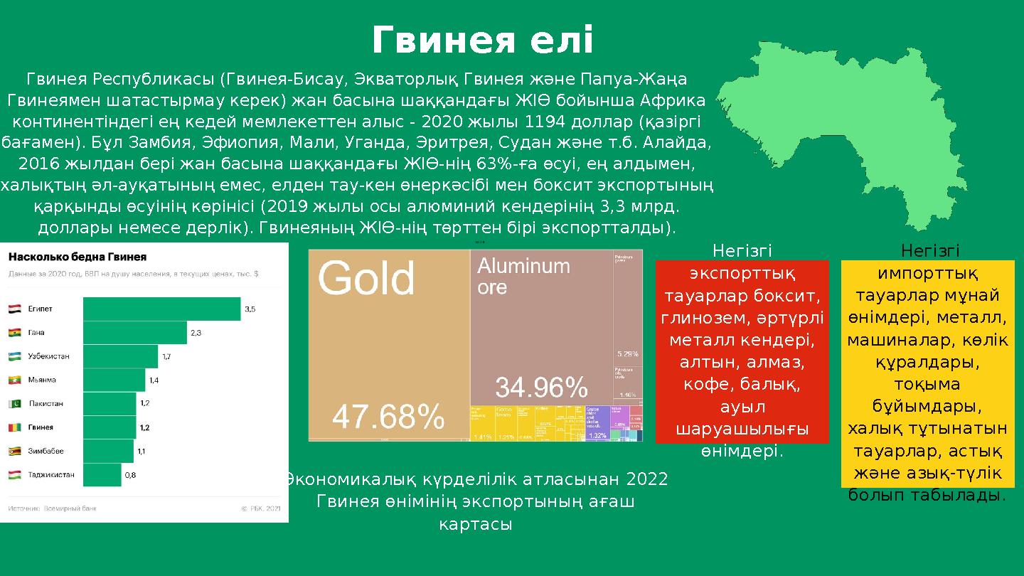 Негізгі экспорттық тауарлар боксит, глинозем, әртүрлі металл кендері, алтын, алмаз, кофе, балық, ауыл шаруашылығы өнімд