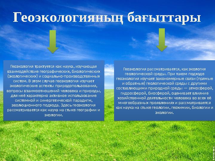 Геоэкологияның бағыттары Геоэкология трактуется как наука, изучающая взаимодействие географических, биологических (экологиче