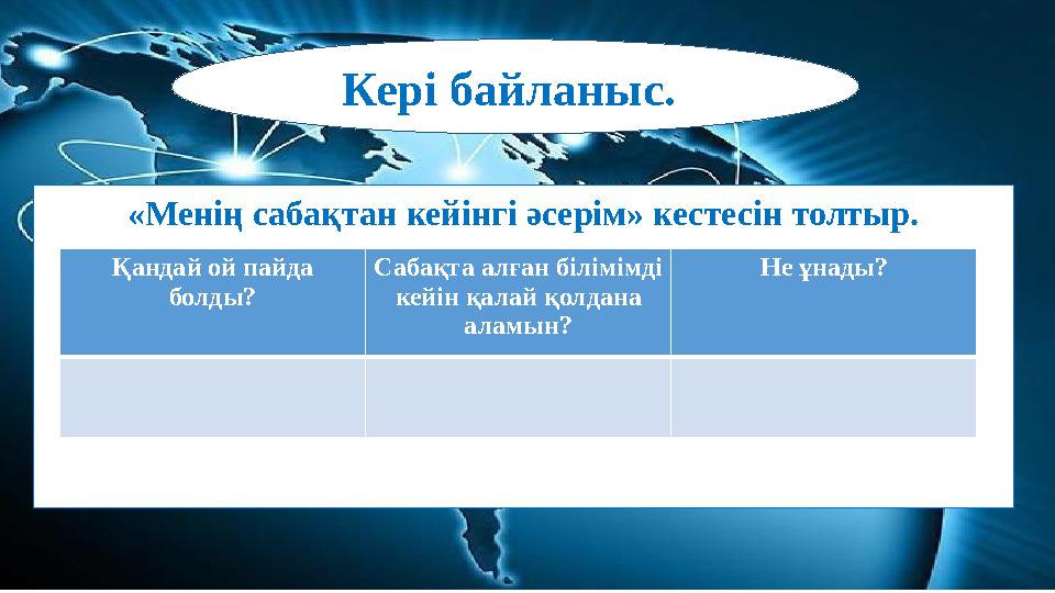 Кері байланыс. «Менің сабақтан кейінгі әсерім» кестесін толтыр. Қандай ой пайда болды? Сабақта алған білімімді кейін қалай қо