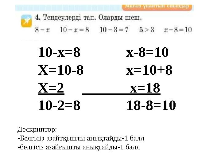 10-х=8 х-8=10 Х=10-8 х=10+8 Х=2 х=18 10-2=8 18-8=10 Дескриптор: -Белгісіз азайтқышты анықтайд