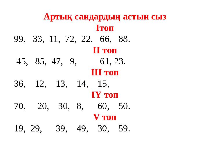 Артық сандардың астын сыз Iтоп 99, 33, 11, 72, 22, 66,88. II топ 45, 85, 47, 9, 61, 23. III топ 36,12,13,14,15, IҮ то