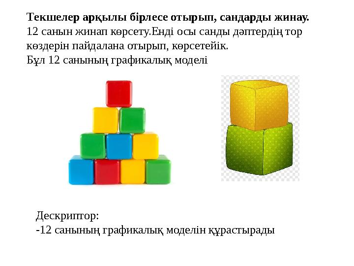 Текшелер арқылы бірлесе отырып, сандарды жинау. 12 санын жинап көрсету.Енді осы санды дәптердің тор көздерін пайдалана отырып,