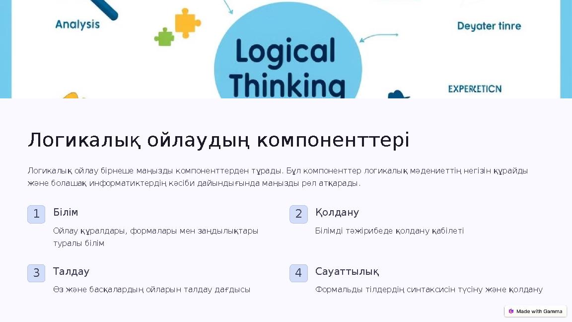 Логикалық ойлаудың компоненттері Логикалық ойлау бірнеше маңызды компоненттерден тұрады. Бұл компоненттер логикалық мәдениеттің