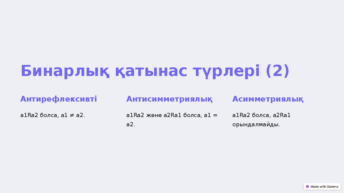 Бинарлық қатынас түрлері (2) Антирефлексивті a1Ra2 болса, a1 ≠ a2. Антисимметриялық a1Ra2 және a2Ra1 болса, a1 = a2. Асимметрия