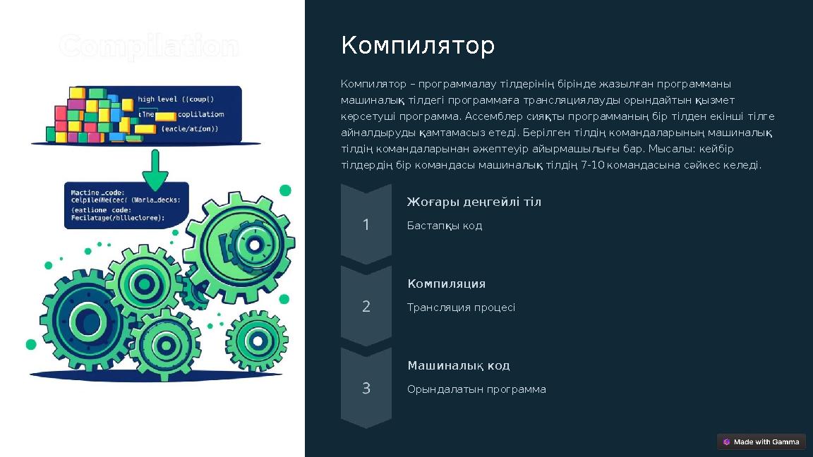 Компилятор Компилятор – программалау тілдерінің бірінде жазылған программаны машиналық тілдегі программаға трансляциялауды орын