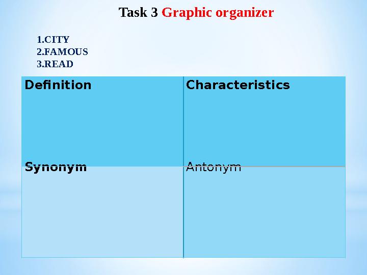 Task 3 Graphic organizer Definition Characteristics Synonym Antonym 1.CITY 2.FAMOUS 3.READ