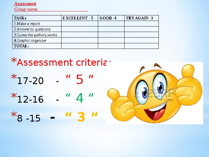 *Assessment criteria: *17-20 - “ 5 “ *12-16 - “ 4 “ *8 -15 - “ 3 “ TASKs EXCELLENT - 5 GOOD -4 TRY AGAIN -3 1.Make a