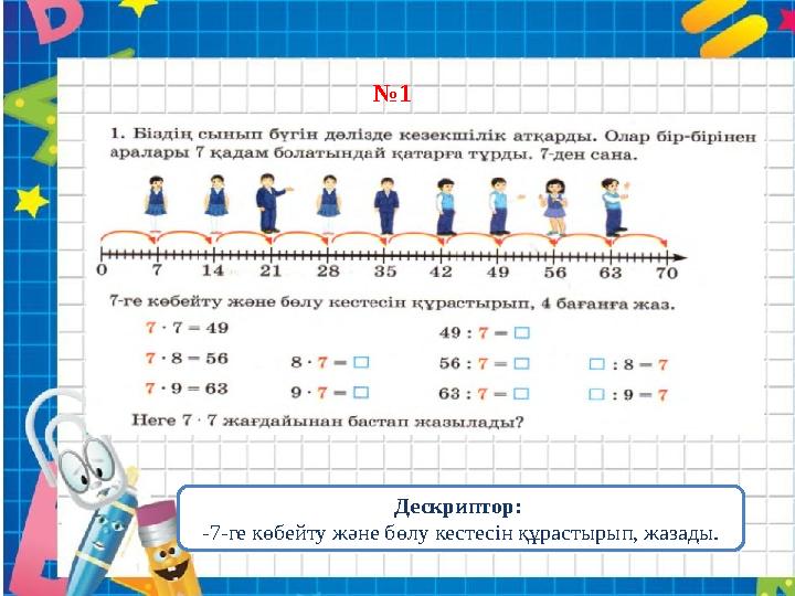 №1 Дескриптор: -7-ге көбейту және бөлу кестесін құрастырып, жазады.