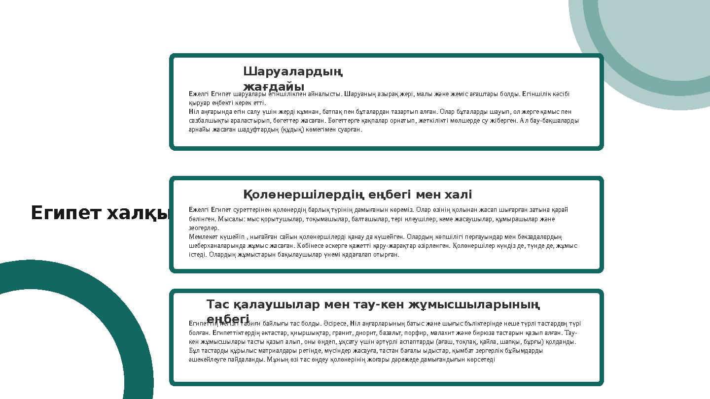 Египет халқы Ежелгі Египет шаруалары егіншілікпен айналысты. Шаруаның азырақ жері, малы жəне жеміс ағаштары болды. Егіншілік