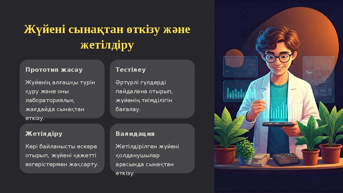 Жүйені сынақтан өткізу және жетілдіру Прототип жасау Жүйенің алғашқы түрін құру және оны лабораториялық жағдайда сынақтан ө