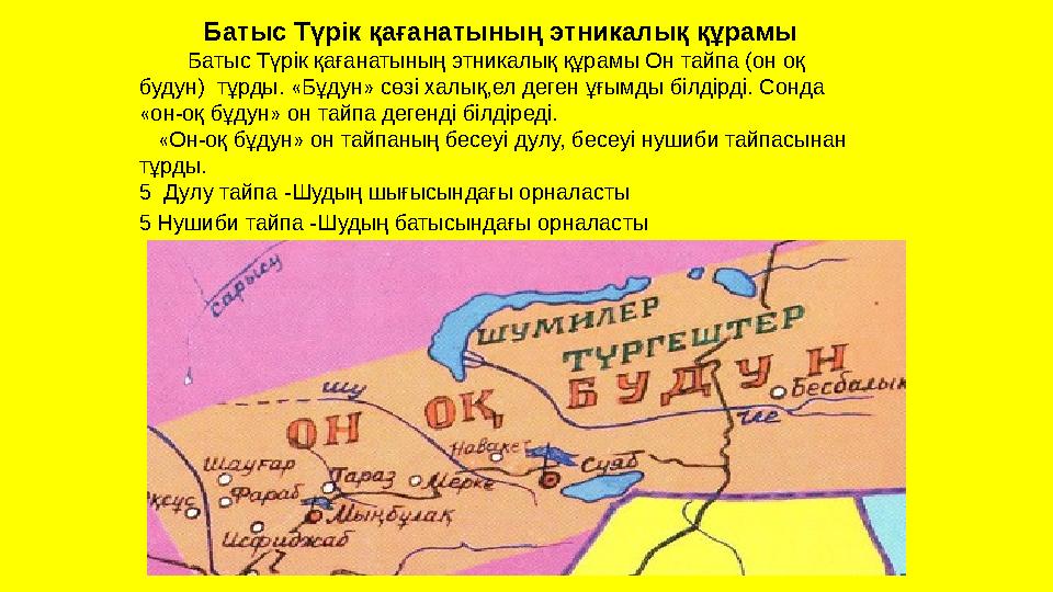 Батыс Түрік қағанатының этникалық құрамы Батыс Түрік қағанатының этникалық құрамы Он тайпа (он оқ будун) тұрды. «Бұдун