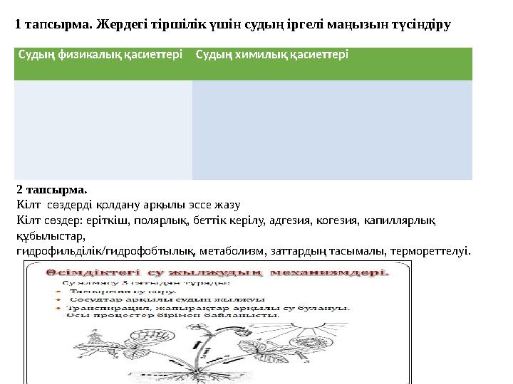 1 тапсырма. Жердегі тіршілік үшін судың іргелі маңызын түсіндіру Судың физикалық қасиеттері Судың химилық қасиеттері