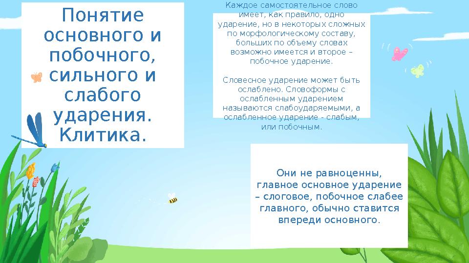 Понятие основного и побочного, сильного и слабого ударения. Клитика. Каждое самостоятельное слово имеет, как правило, одн