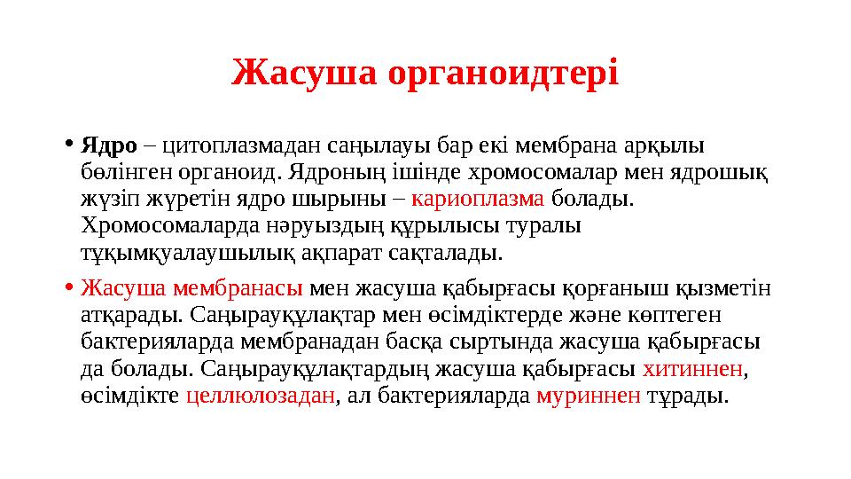 Жасуша органоидтері •Ядро – цитоплазмадан саңылауы бар екі мембрана арқылы бөлінген органоид. Ядроның ішінде хромосомалар мен я