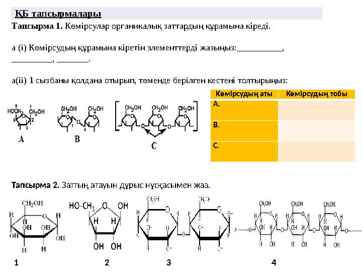 Тапсырма 1. Көмірсулар органикалық заттардың құрамына кіреді. а (і) Көмірсудың құрамына кіретін элементтерді жазыңыз:________