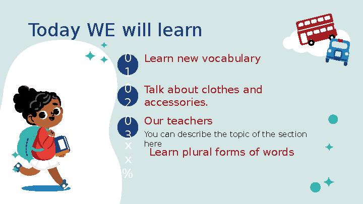 0 1 Learn new vocabulary Talk about clothes and accessories. 0 2 You can describe the topic of the section here Our teachers0