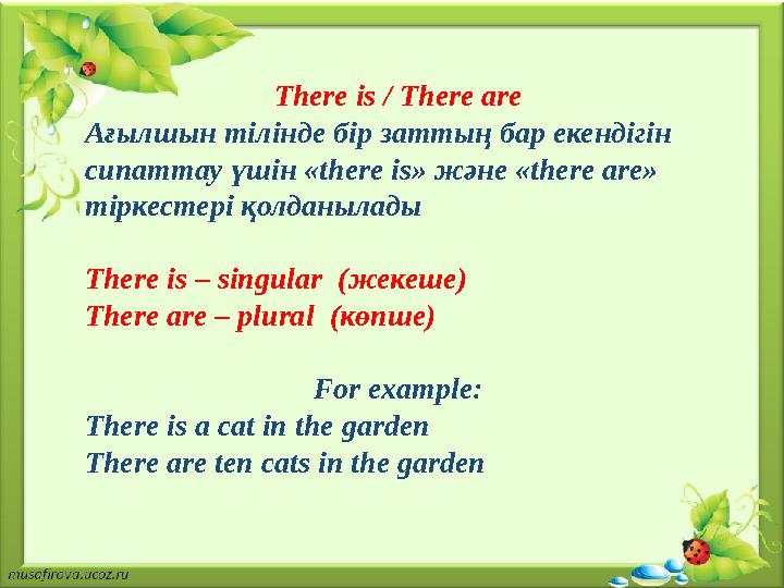 There is / There are Ағылшын тілінде бір заттың бар екендігін сипаттау үшін «there is» және «there are» тіркестері қолданылады