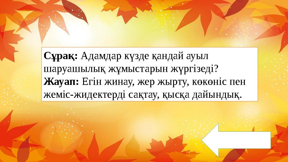 Сұрақ: Адамдар күзде қандай ауыл шаруашылық жұмыстарын жүргізеді? Жауап: Егін жинау, жер жырту, көкөніс пен жеміс-жидектерді с