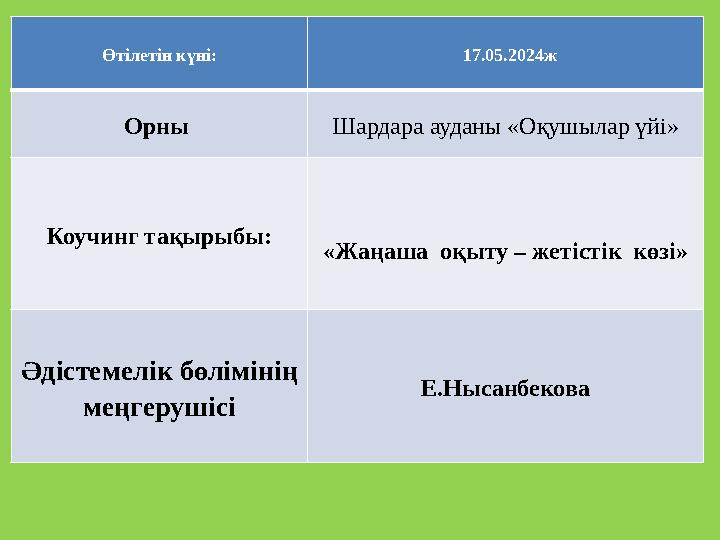 Өтілетін күні: 17.05.2024ж Орны Шардара ауданы «Оқушылар үйі» Коучинг тақырыбы: «Жаңаша оқыту – жетістік көзі