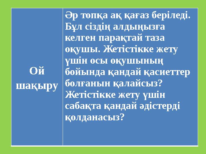 Ой шақыру Әр топқа ақ қағаз беріледі. Бұл сіздің алдыңызға келген парақтай таза оқушы. Жетістікке жету үшін осы оқушының б