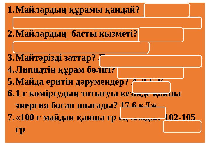 1.Майлардың құрамы қандай? Глицерин мен 3 карбон қышқынан тұрады 2.Майлардың басты қызметі? Қордағы энергия көзі 3.Майтәріз